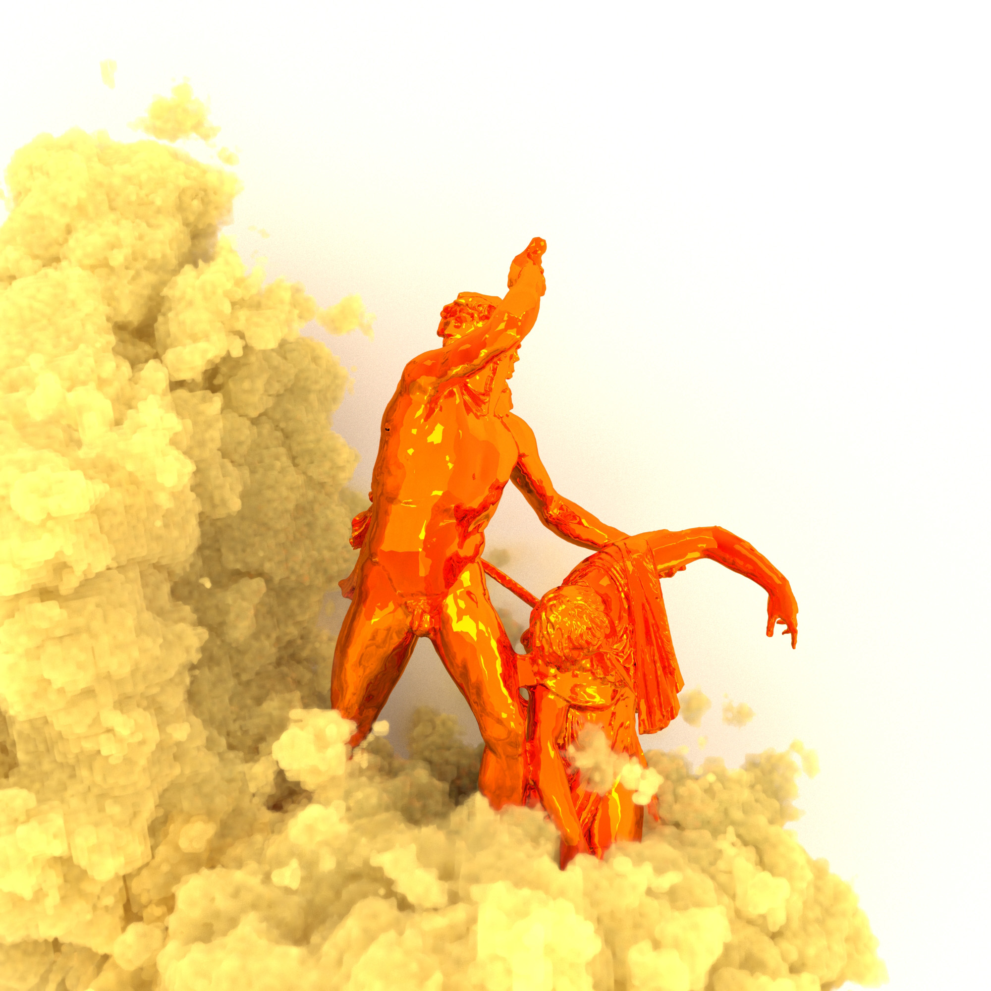 Scans 3D de statues espagnoles et catalanes par Paul Colombat. La fumée jaune-sable symbolise le soulèvement et la protestation