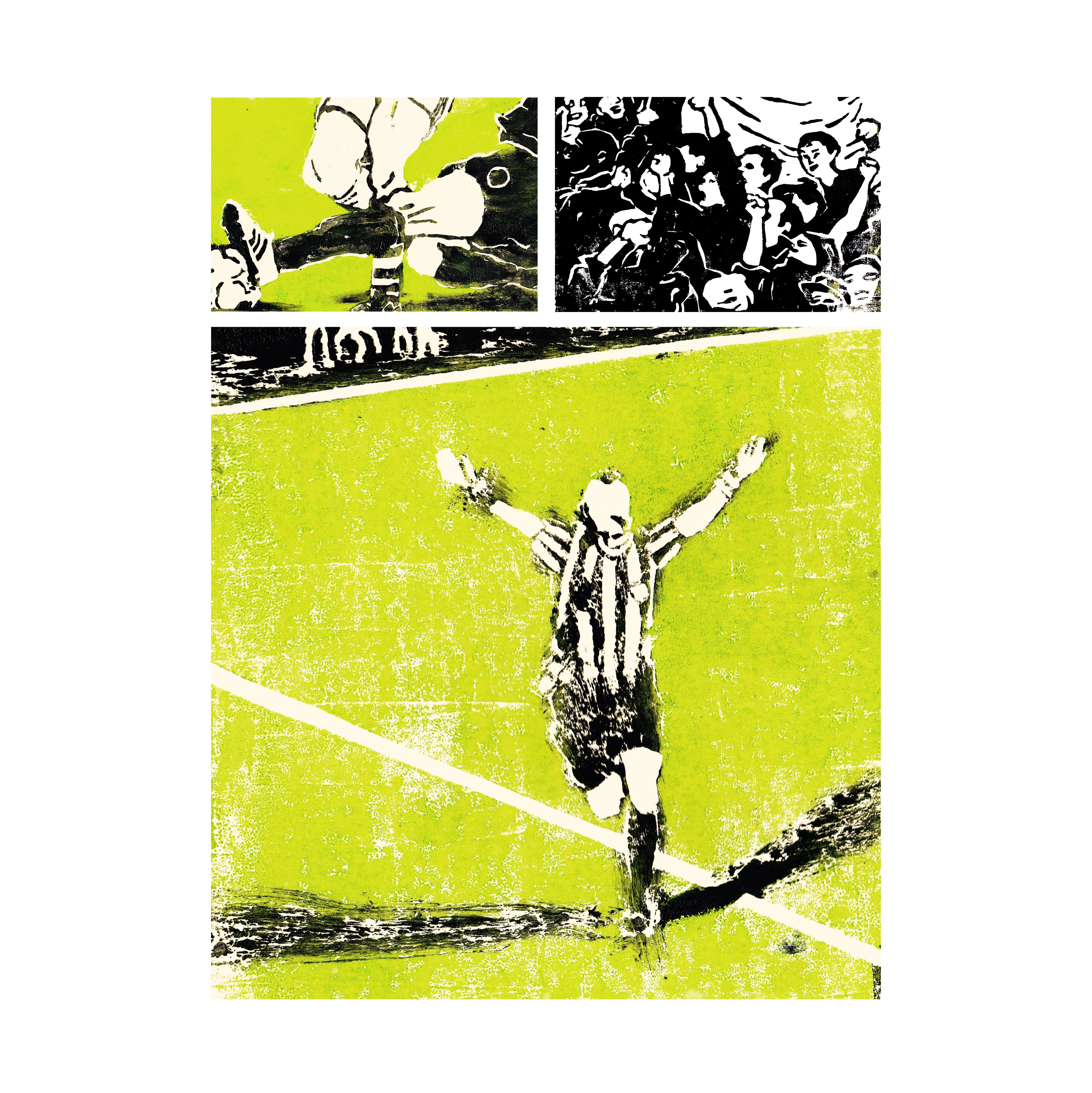 Gravures de Manor Askenazi sur le thème de l'arbitrage vidéo dans le football.