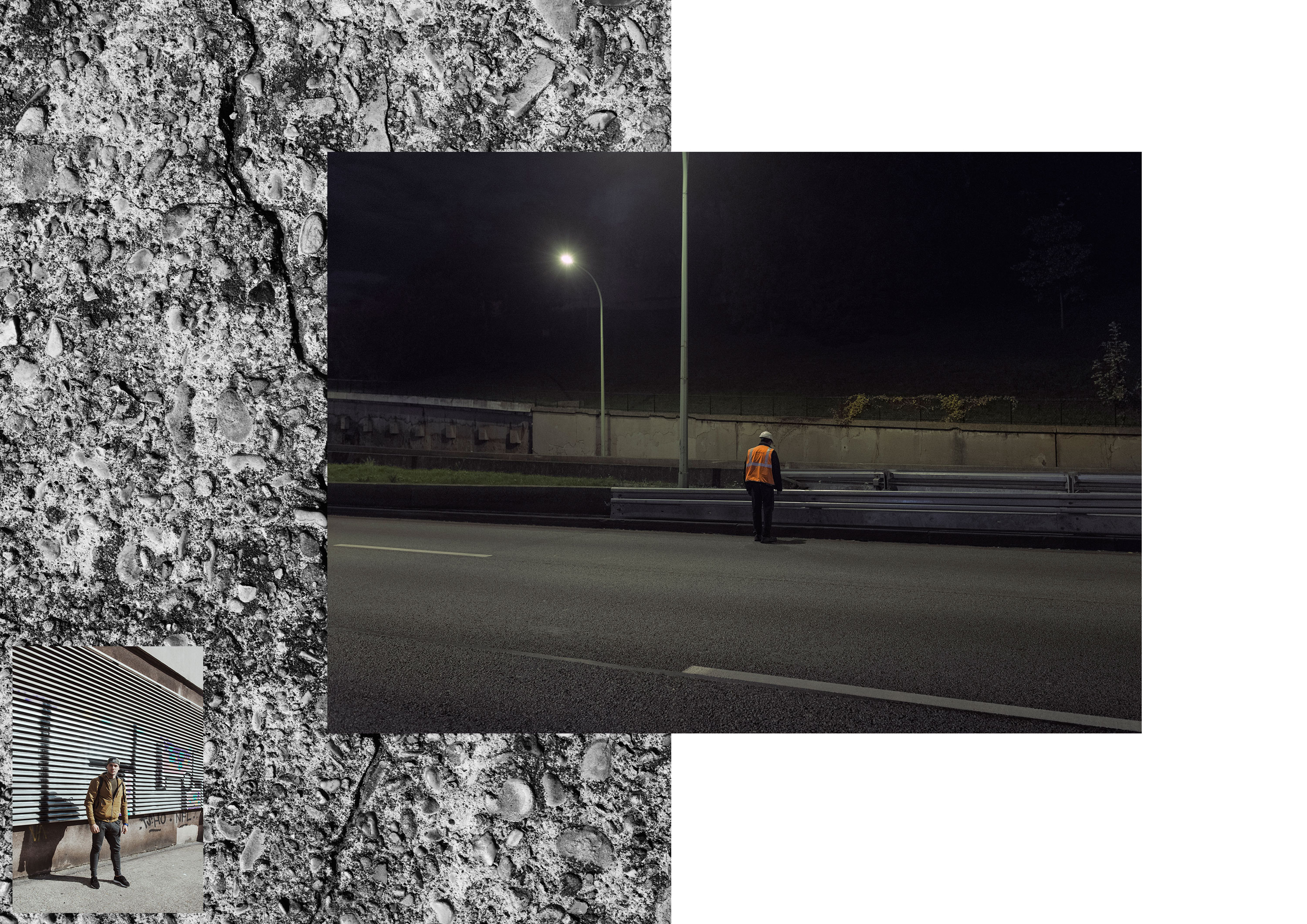Photos de Thomas Cecchelani sur le thème de la marge, de son rapport à la ville et au centre. Un ouvrier sur l'échangeur