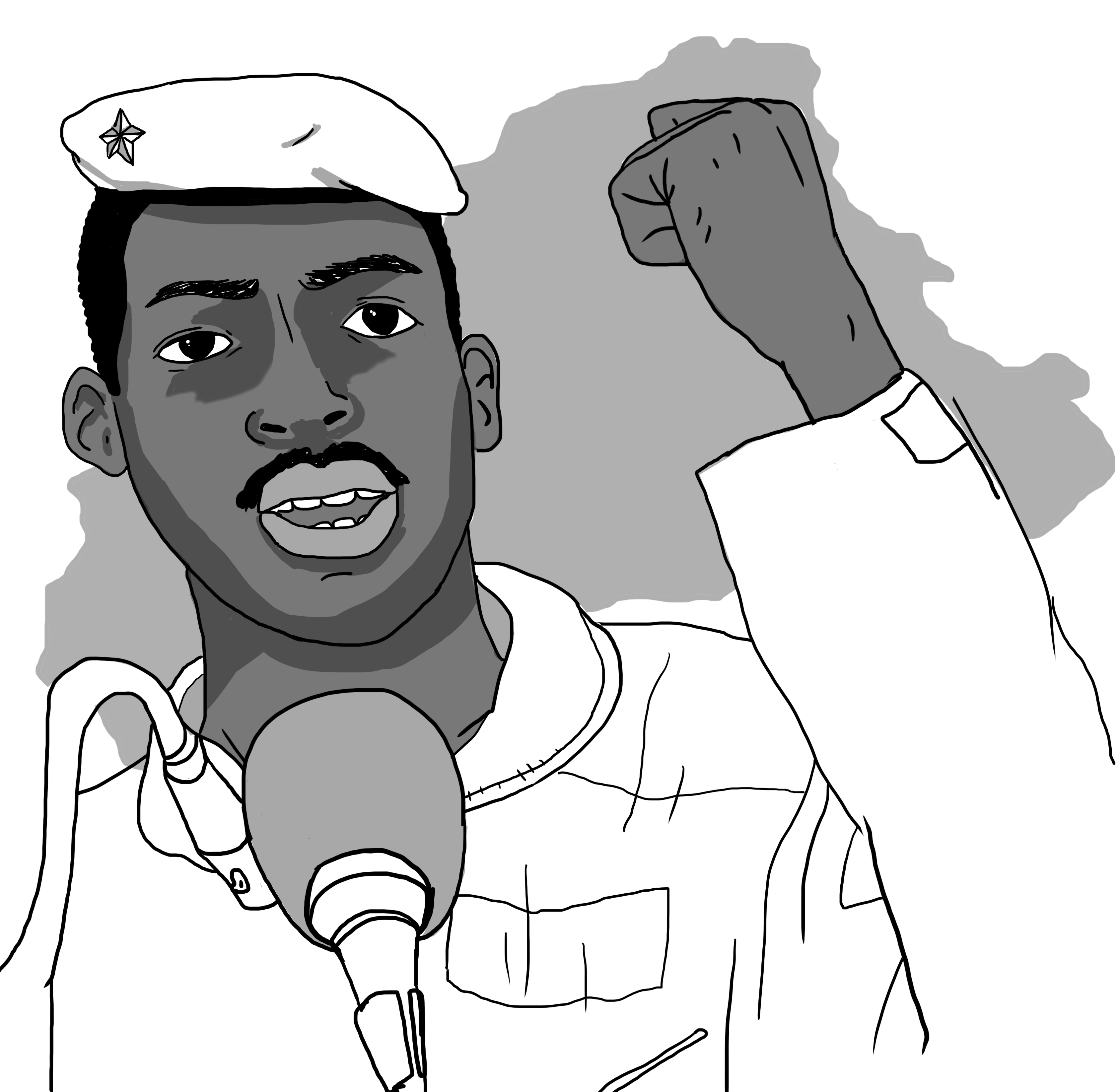 Thomas Sankara prononçant un discours le poing levé. Burkina Faso.