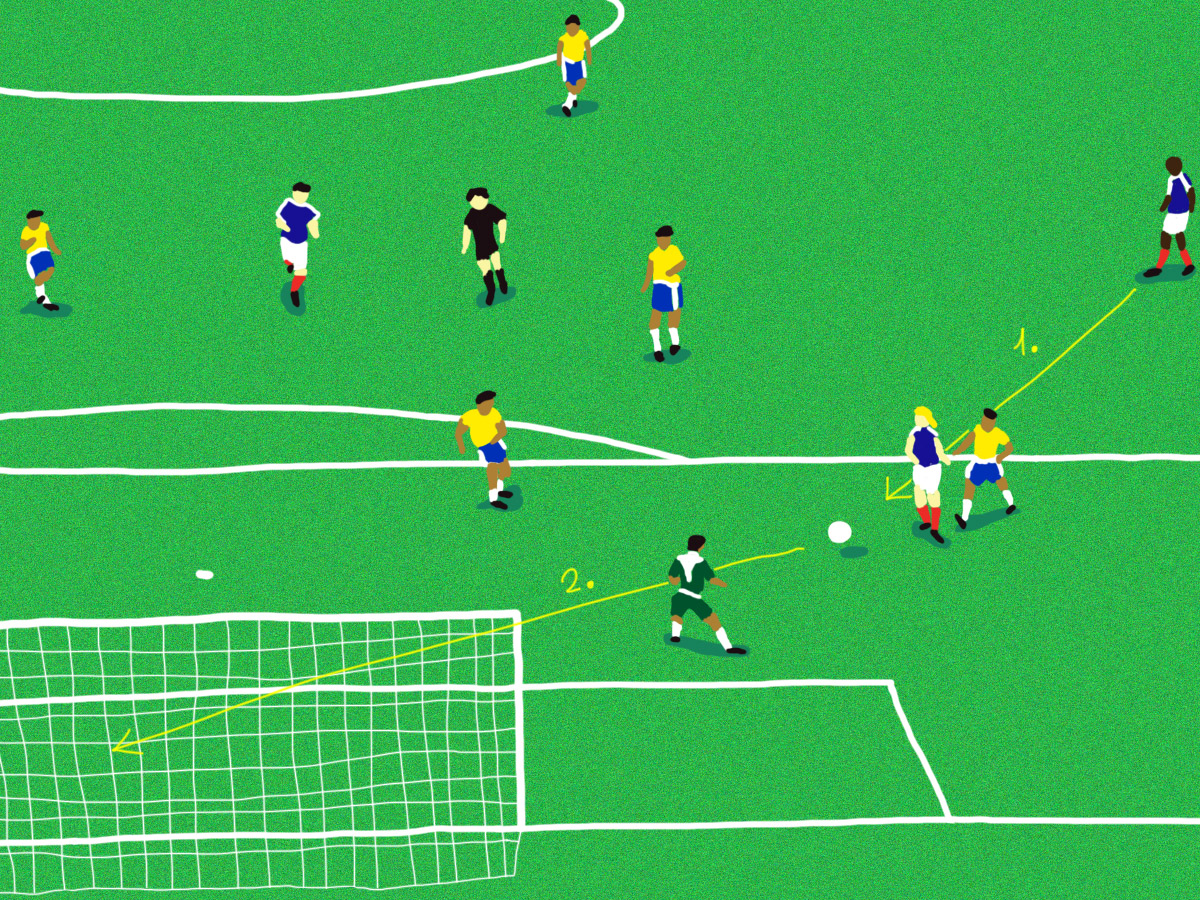 France - Pérou. Retour sur les buts mythiques de l'équipe de France en Coupe du Monde. Illustrations de Pierre Spetebroodt.