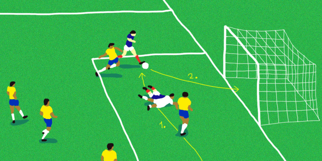 France - Pérou. Retour sur les buts mythiques de l'équipe de France en Coupe du Monde. Illustrations de Pierre Spetebroodt.