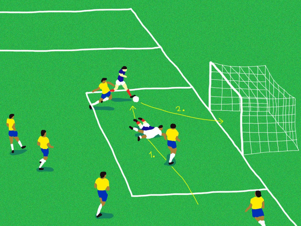 France - Pérou. Retour sur les buts mythiques de l'équipe de France en Coupe du Monde. Illustrations de Pierre Spetebroodt.